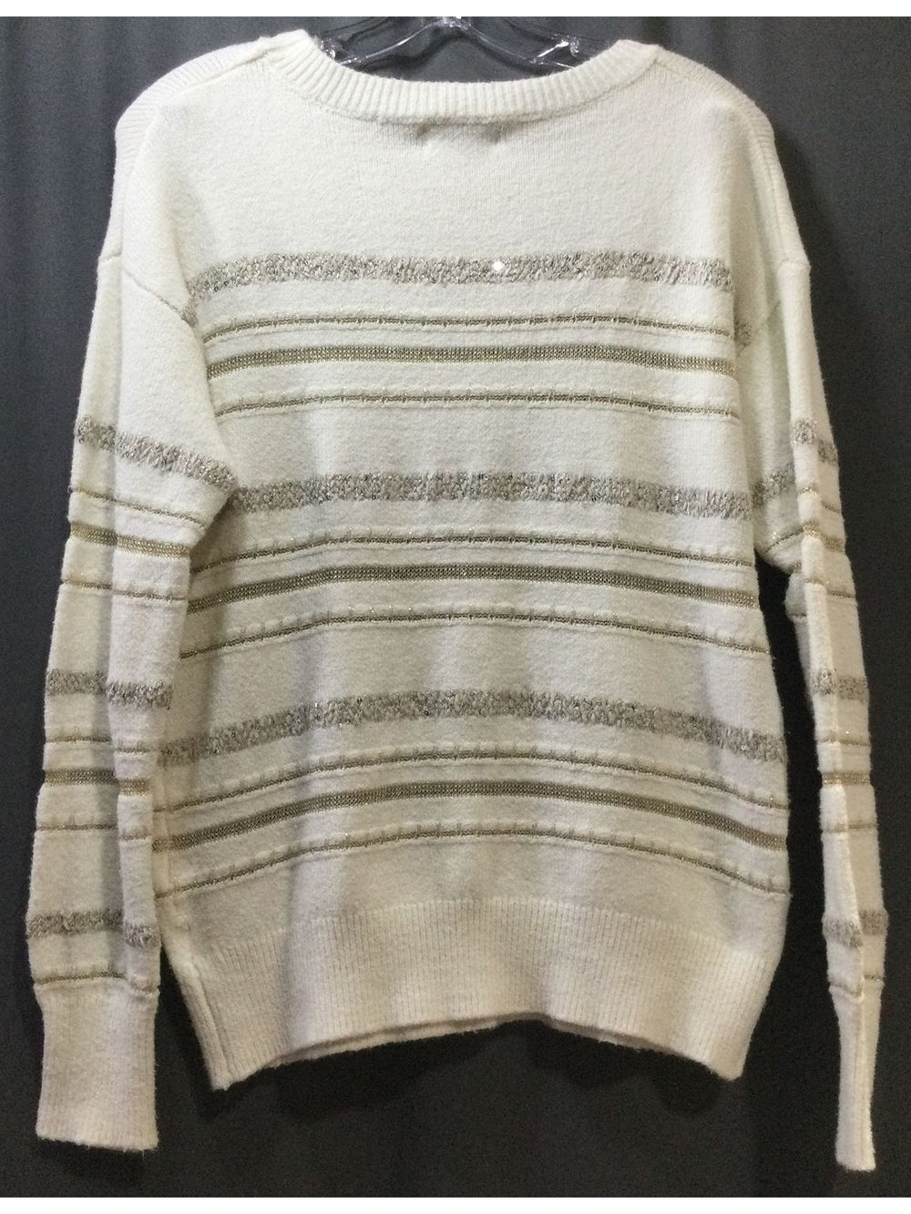 Liz Claiborne Women's White and Gold Striped Sweater Long Sleeve - Size M