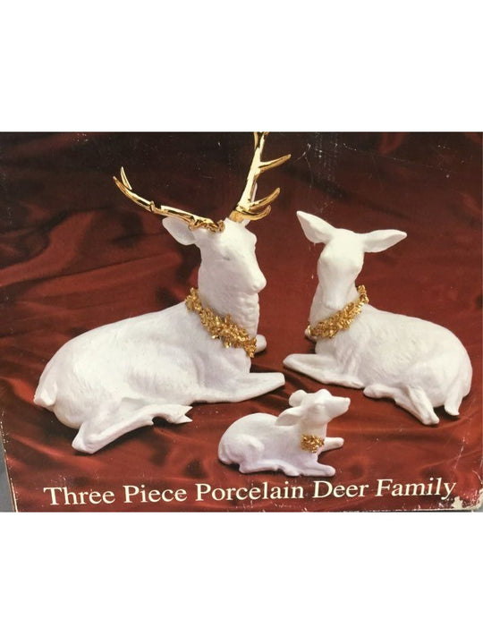 Porcelain White And Gold Three Piece Deer Family Decoration