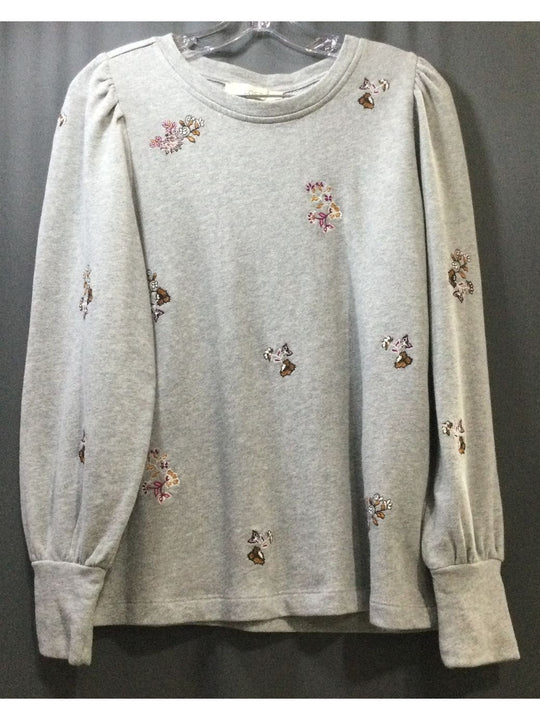 LOFT Women's Floral Grey and Pink Sweater Long Sleeve - Size M - Medium