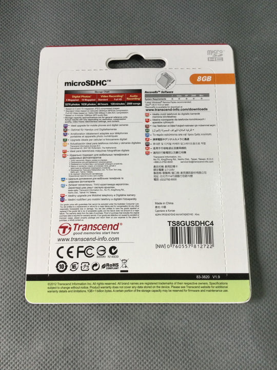 Transcend MicroSDHC Class 4 - 8 GB Computer Chip - New in sealed Paper Case