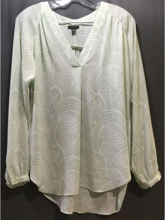 Ann Taylor Green, White Swirls Print Women's Long Sleeve Blouse - Size S - Small