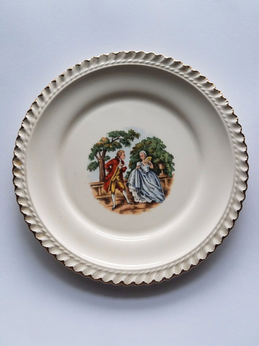 Vintage Harker Pottery 6 1/4" Courting Couple Plates. 22k Gold Trim. Set of 6. - The Kennedy Collective Thrift - 