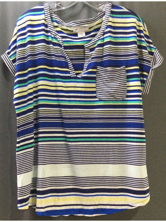 Liz Claiborne Blue, White, Green and Yellow Striped T-Shirt - Size Large Ladies