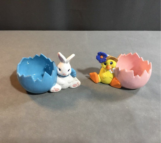 Medium Ceramic Blue and Yellow Easter Duck and Rabbit Decorations