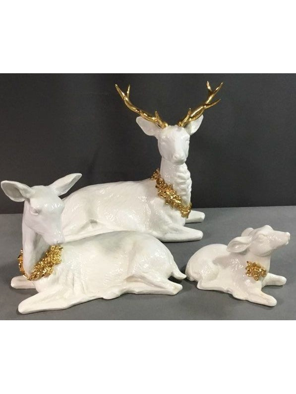 Porcelain White And Gold Three Piece Deer Family Decoration