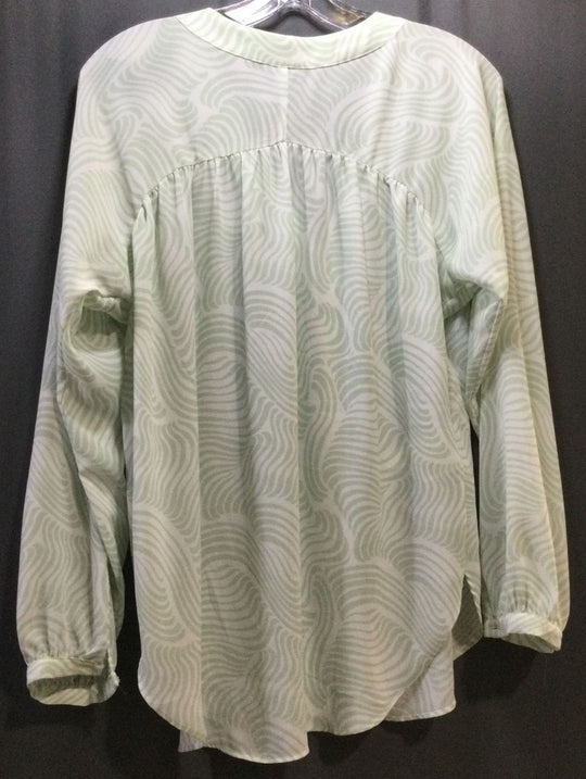 Ann Taylor Green, White Swirls Print Women's Long Sleeve Blouse - Size S - Small