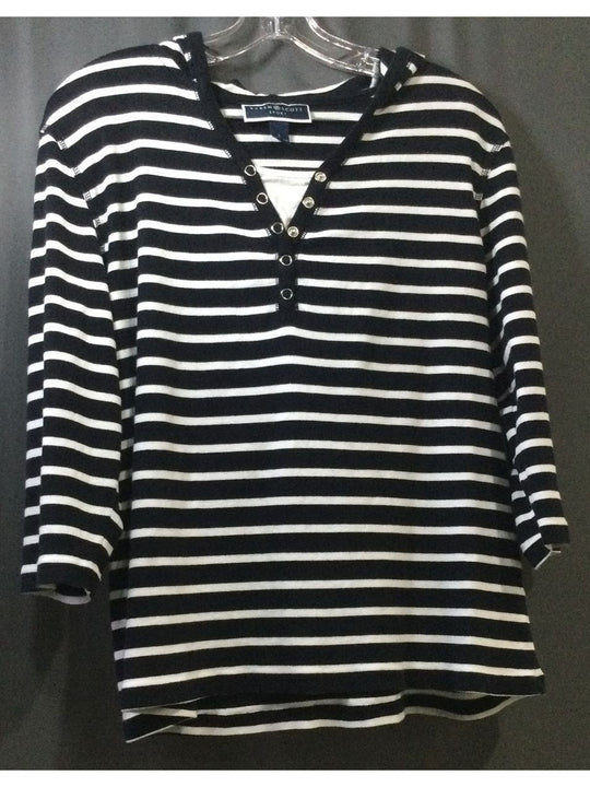 KAREN SCOTT SPORT Women's Black and White Striped with Hood T-Shirt Size L