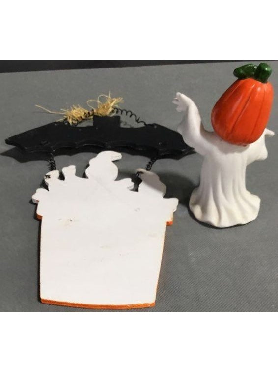 Small Porcelain And Wood Orange And White Halloween Decoration Combo