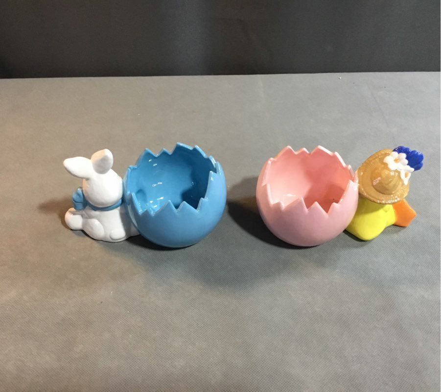 Medium Ceramic Blue and Yellow Easter Duck and Rabbit Decorations