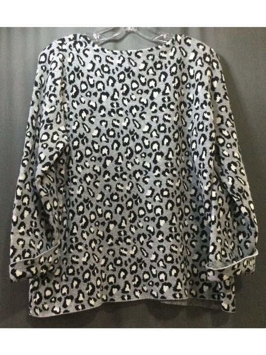 TAHARI Women's Grey and Black Cheetah Print Sweater Long Sleeve - Size XL