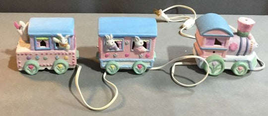 Medium Ceramic Pink and Blue Bunny Train Decoration