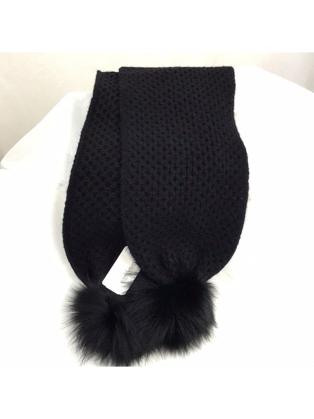 Neiman Marcus Black Scarf w/Fur Pom Poms - NWT - The Kennedy Collective Thrift - 