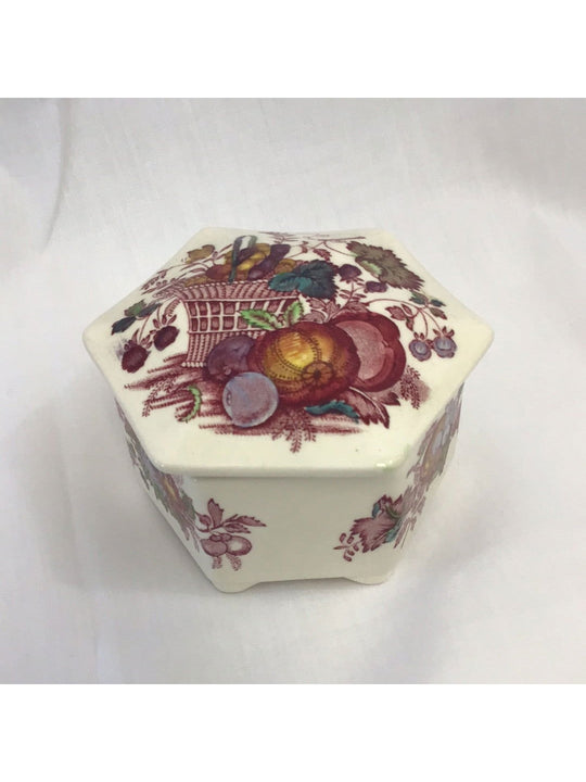 Mason’s Ironstone China Hexagonal Lidded Trinket Dish, Fruit Basket Pattern, Red with Color - The Kennedy Collective Thrift - 