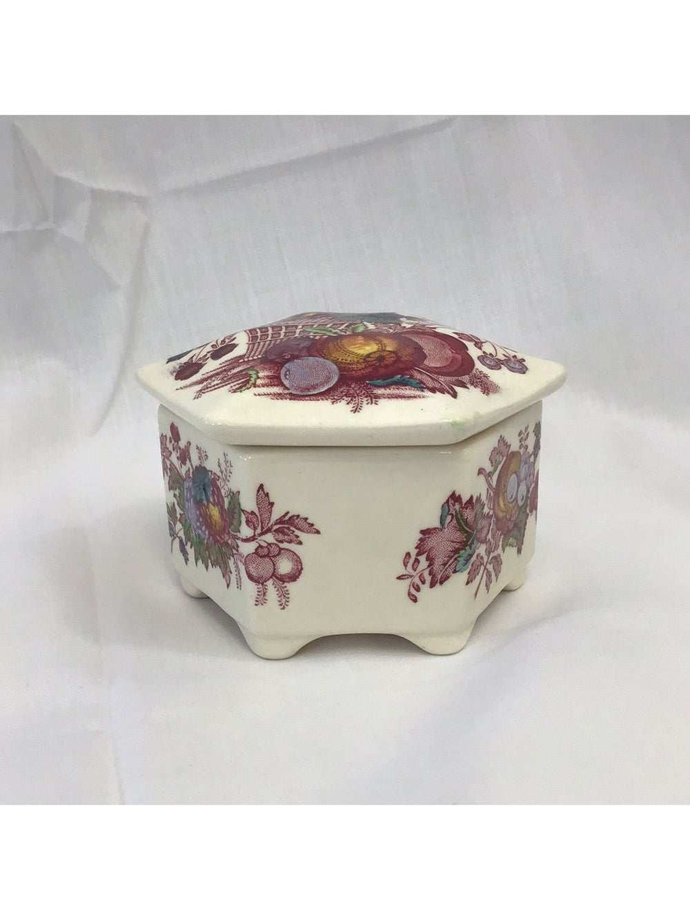 Mason’s Ironstone China Hexagonal Lidded Trinket Dish, Fruit Basket Pattern, Red with Color - The Kennedy Collective Thrift - 