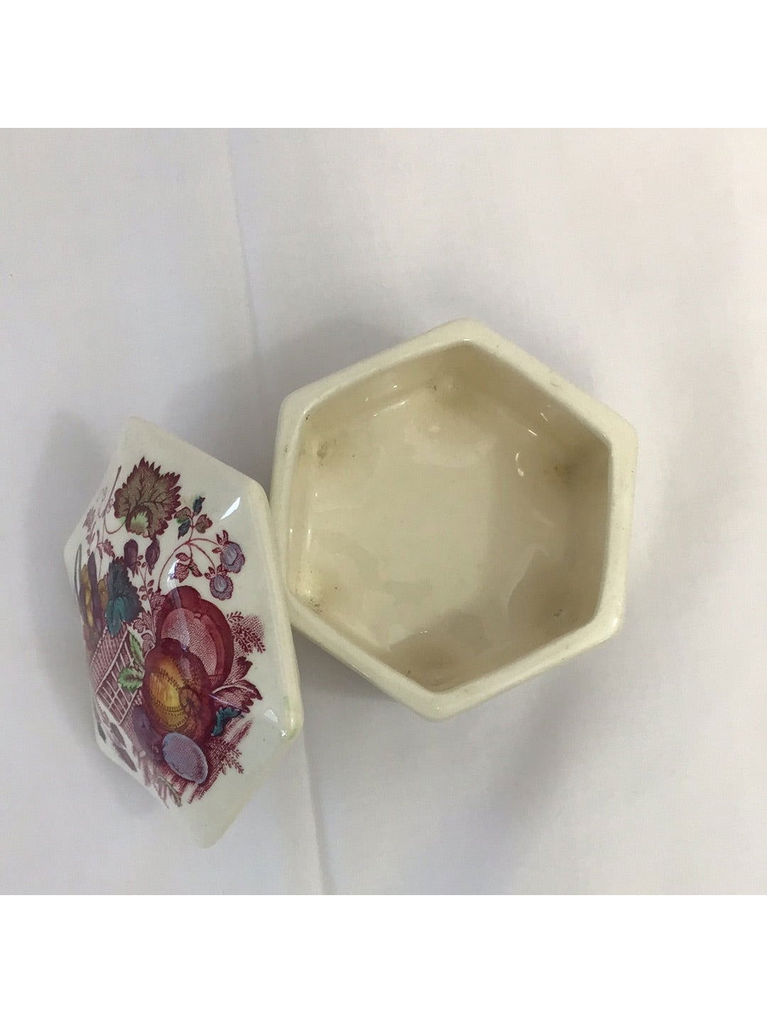 Mason’s Ironstone China Hexagonal Lidded Trinket Dish, Fruit Basket Pattern, Red with Color - The Kennedy Collective Thrift - 