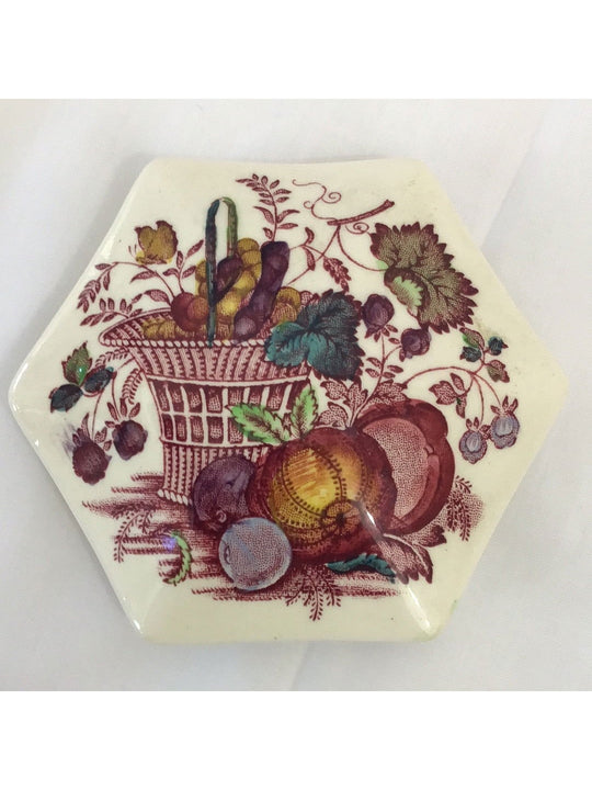Mason’s Ironstone China Hexagonal Lidded Trinket Dish, Fruit Basket Pattern, Red with Color - The Kennedy Collective Thrift - 