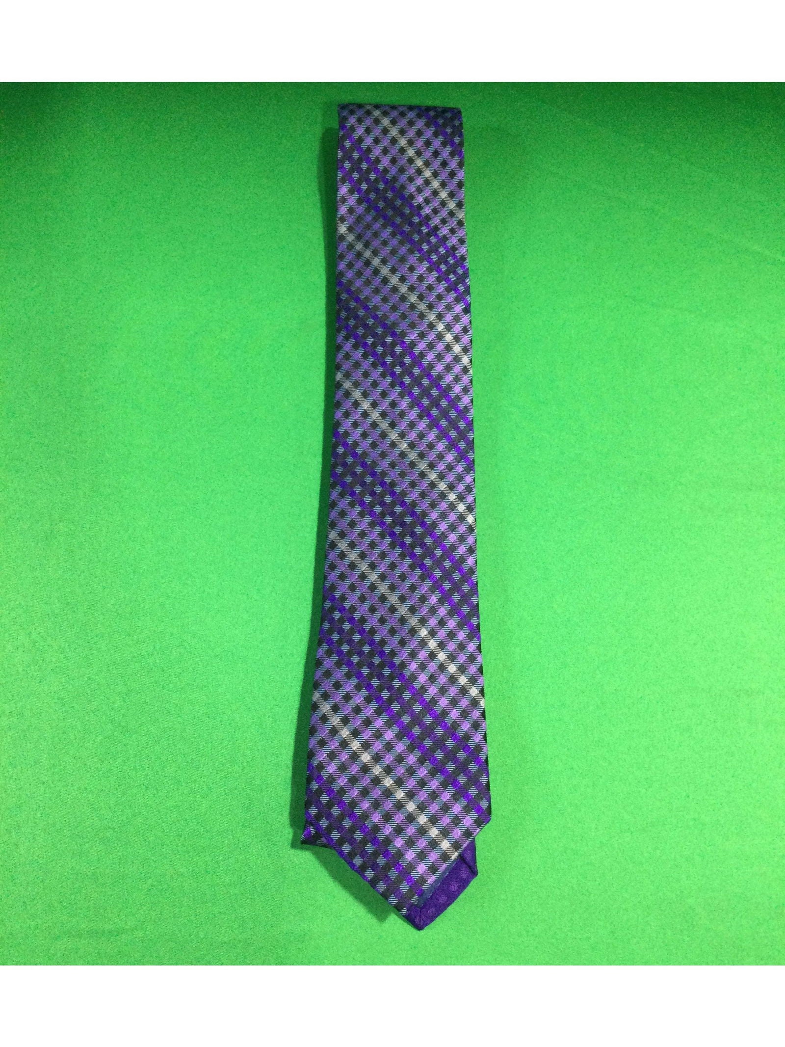 Perry Ellis Portfolio Purple Plaid and Polka Dot Silk Narrow Size Men's Tie - The Kennedy Collective Thrift - 