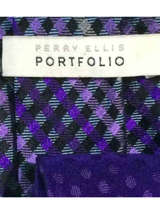 Perry Ellis Portfolio Purple Plaid and Polka Dot Silk Narrow Size Men's Tie - The Kennedy Collective Thrift - 