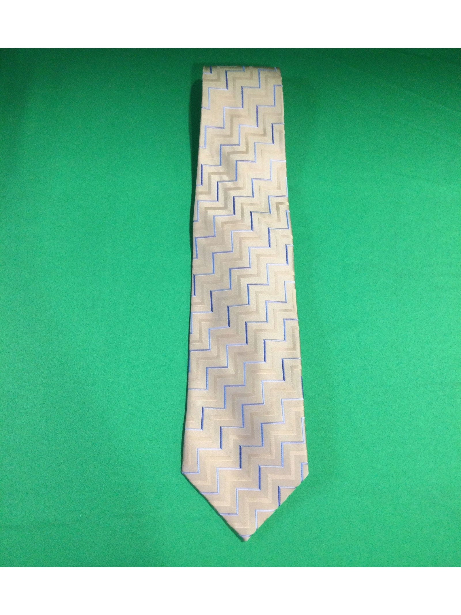 Pierre Cardin Tan and Blue Zig Zag Stripes Silk Standard Size Men's Tie - The Kennedy Collective Thrift - 