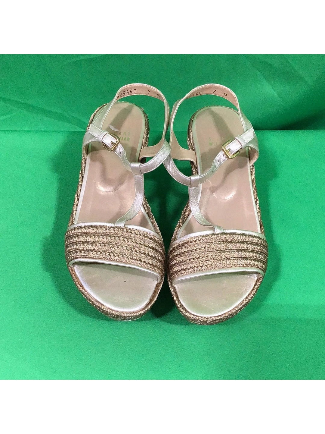 Stuart Weitzman Ladies Size 7 M Gold Metallic Open Toe Wedge Shoes - In Box - The Kennedy Collective Thrift - 