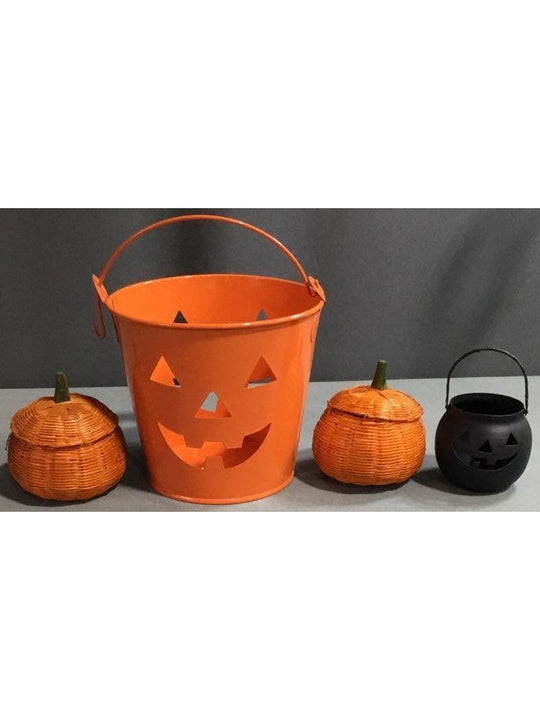 Medium Metal And Straw Orange And Black Jack O Lanterns Decorations