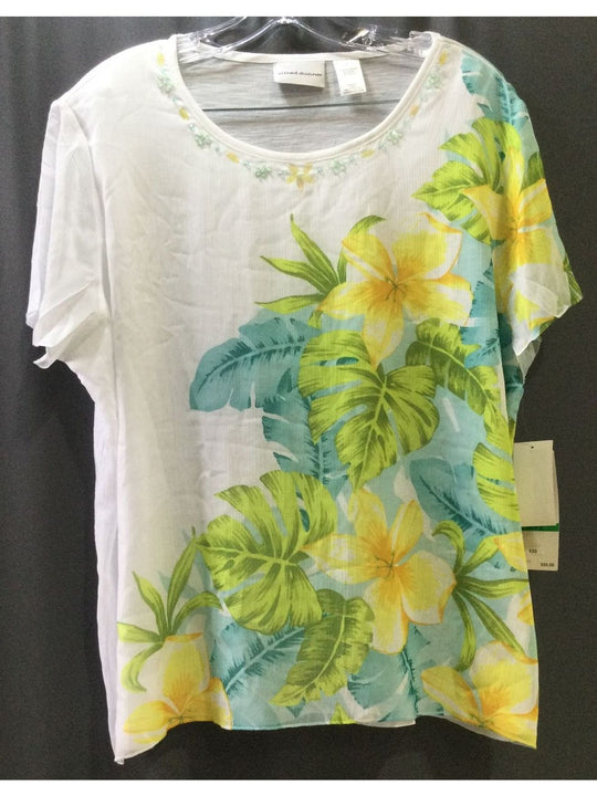 Alfred Dunner White, Green and Yellow Floral Print T-Shirt - Size Large - Ladies