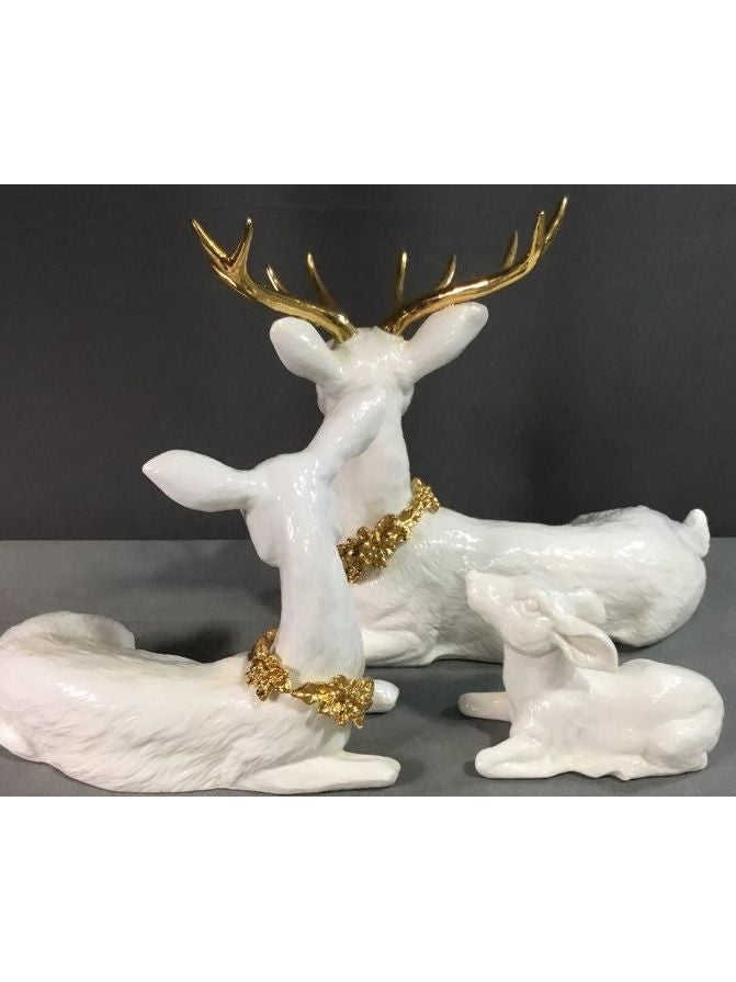 Porcelain White And Gold Three Piece Deer Family Decoration