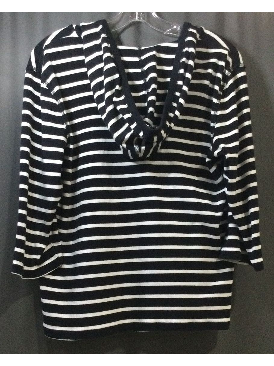 KAREN SCOTT SPORT Women's Black and White Striped with Hood T-Shirt Size L