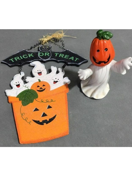 Small Porcelain And Wood Orange And White Halloween Decoration Combo