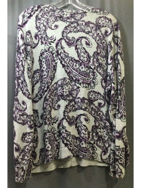 Croft & Barrow Women's Grey & Purple Leaf Button-Up Sweater Long Sleeve Size XL