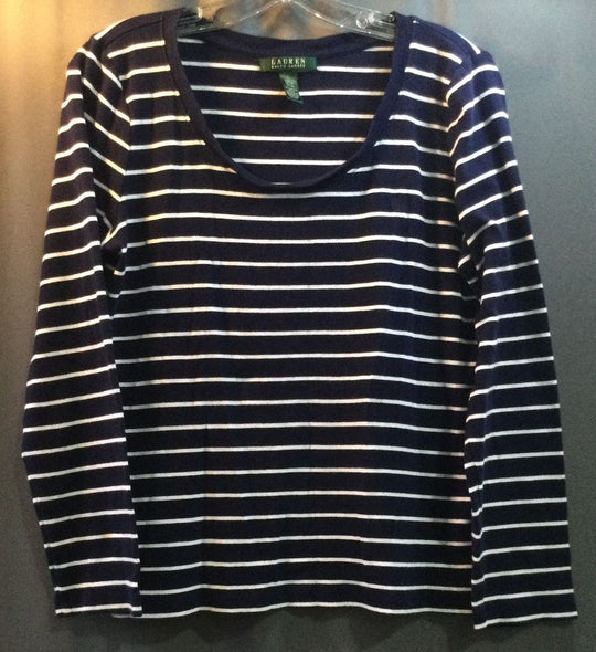 Lauren Ralph Lauren Blue & White Striped Cotton Long Sleeve Size Large - Ladies